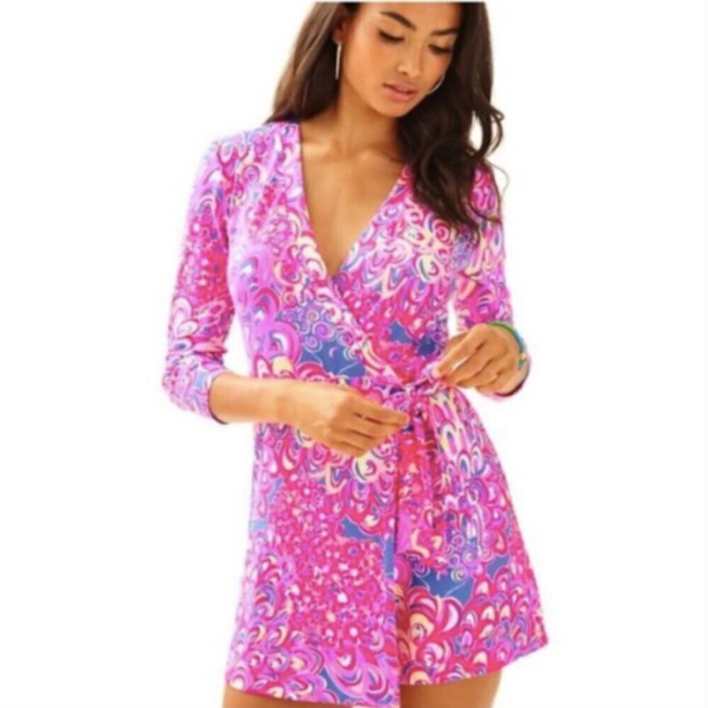 Lilly Pulitzer‎ Karlie Wrap Romper in Iris Pop Up Lilly's Lagoon sz XS